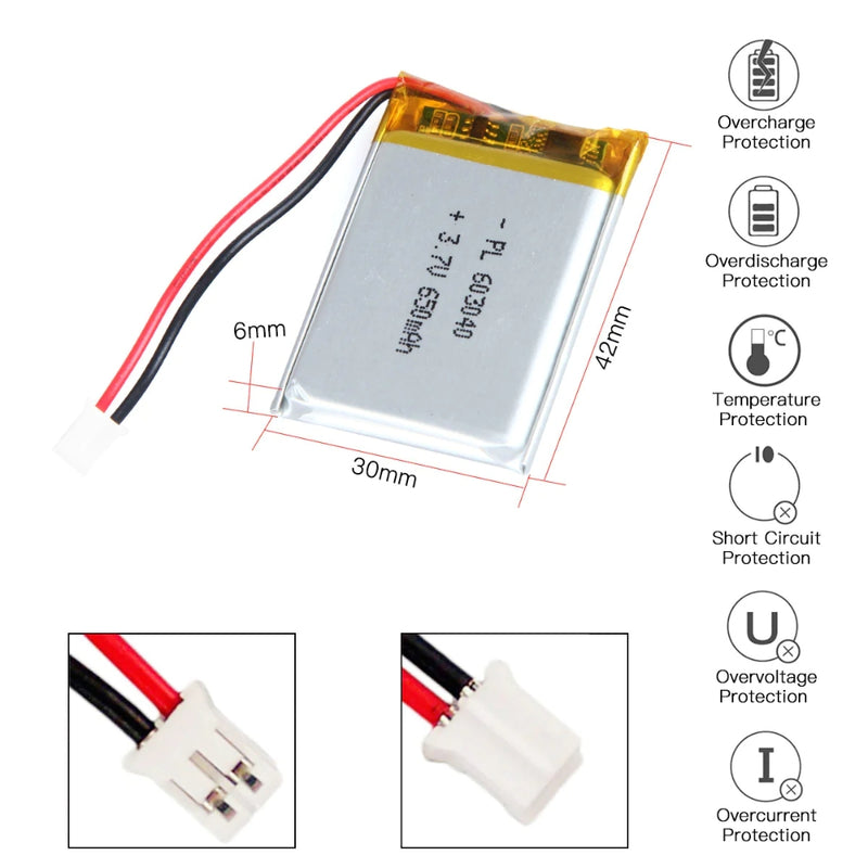 Cargue la imagen en el visor de la galería, [PH2.0-JST Connector][603040] Universal 650mAh 3.7V Rechargeable Li-Ion Lithium Polymer Battery - Polar Tech Australia
