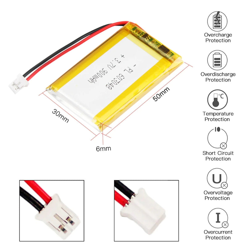 Cargue la imagen en el visor de la galería, [PH2.0-JST Connector][603048] Universal 900mAh 3.7V Rechargeable Li-Ion Lithium Polymer Battery - Polar Tech Australia
