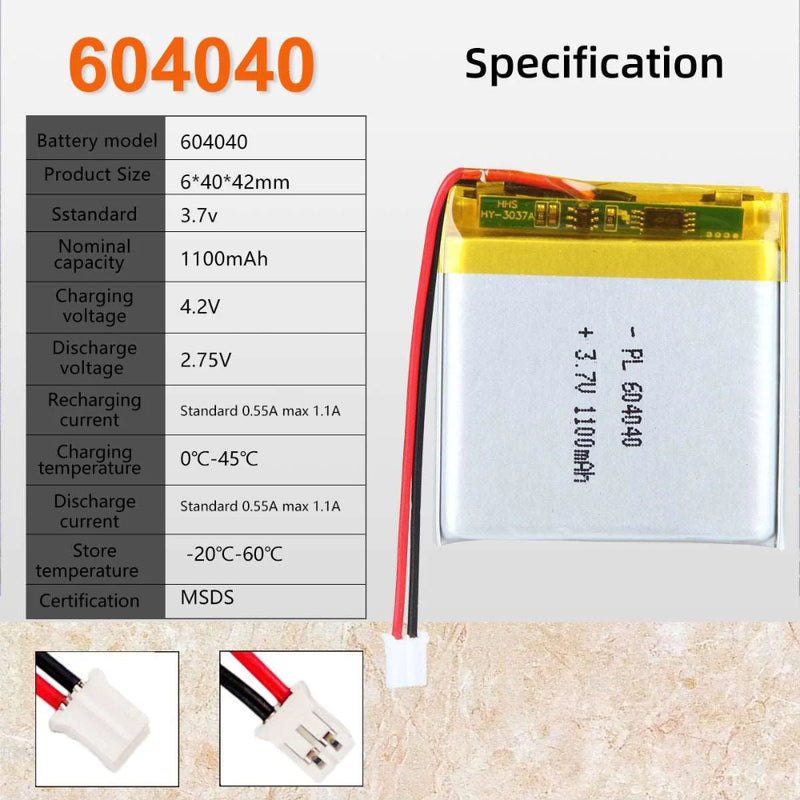 Chargez l&#39;image dans la visionneuse de la galerie, [PH2.0-JST Connector][604040] Universal 1100mAh 3.7V Rechargeable Li-Ion Lithium Polymer Battery - Polar Tech Australia
