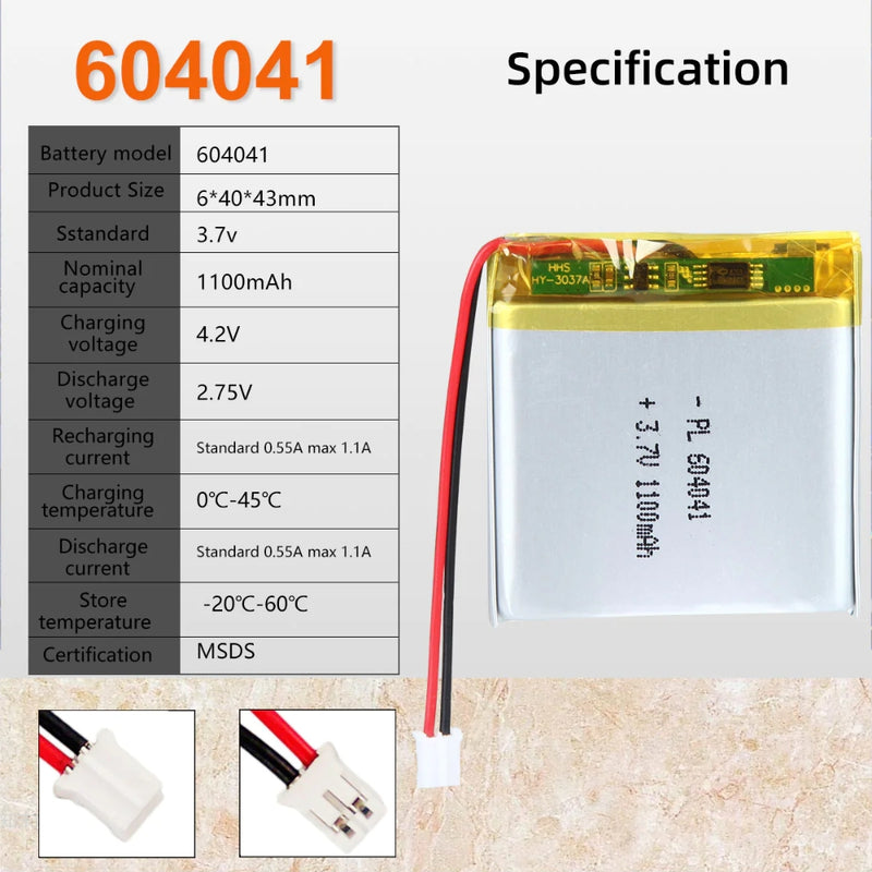 Chargez l&#39;image dans la visionneuse de la galerie, [PH2.0-JST Connector][604041] Universal 1100mAh 3.7V Rechargeable Li-Ion Lithium Polymer Battery - Polar Tech Australia
