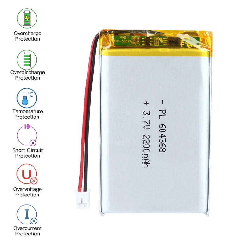 Cargue la imagen en el visor de la galería, [PH2.0-JST Connector][604070] Universal 2200mAh 3.7V Rechargeable Li-Ion Lithium Polymer Battery - Polar Tech Australia
