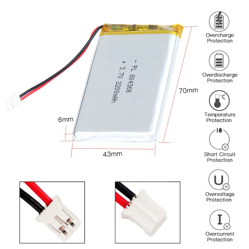 Cargue la imagen en el visor de la galería, [PH2.0-JST Connector][604070] Universal 2200mAh 3.7V Rechargeable Li-Ion Lithium Polymer Battery - Polar Tech Australia
