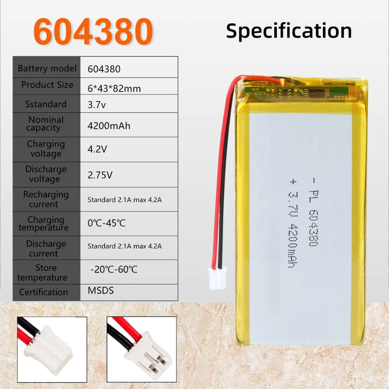 Cargue la imagen en el visor de la galería, [PH2.0-JST Connector][604380] Universal 4200mAh 3.7V Rechargeable Li-Ion Lithium Polymer Battery - Polar Tech Australia
