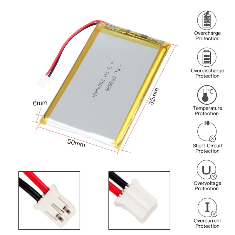 Cargue la imagen en el visor de la galería, [PH2.0-JST Connector][605080] Universal 3000mAh 3.7V Rechargeable Li-Ion Lithium Polymer Battery - Polar Tech Australia
