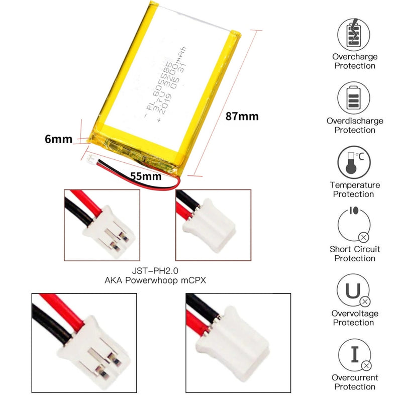 Cargue la imagen en el visor de la galería, [PH2.0-JST Connector][605585] Universal 3200mAh 3.7V Rechargeable Li-Ion Lithium Polymer Battery - Polar Tech Australia
