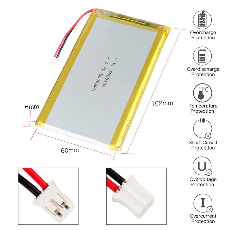 Cargue la imagen en el visor de la galería, [PH2.0-JST Connector][6060100] Universal 5000mAh 3.7V Rechargeable Li-Ion Lithium Polymer Battery - Polar Tech Australia
