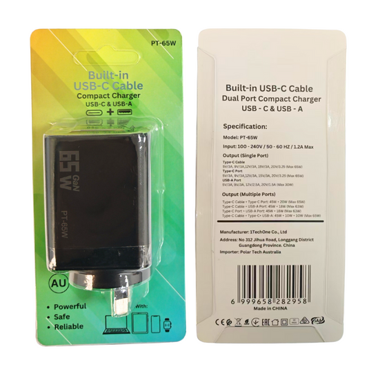 [PT-65W][With Built-in Cable] 65W Max PD USB-C Port iPhone 16 MacBook Laptop Wall Travelling Charger Adapter - (SAA Approved/AU Plug) - Polar Tech Australia