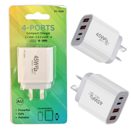 [PT-45W] 45W PD Type-C + QC 3.0 USB 4 Port Wall Travelling Charger Adapter -  (SAA Approved/AU Plug)