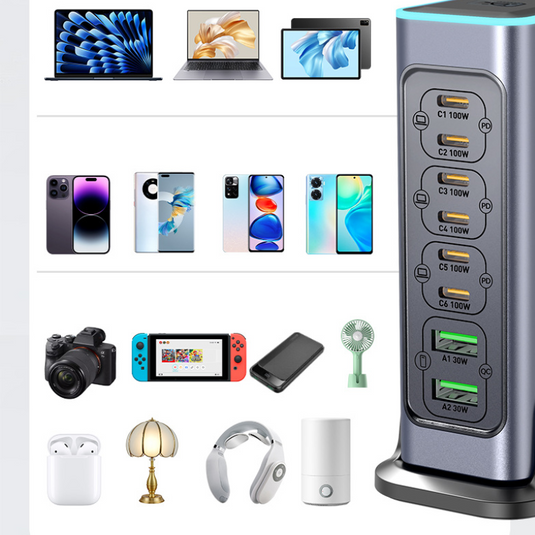 [660W GaN][RGB Light Effect] Universal Phone Tablet Laptop MacBook PD+QC 8 Port USB Type-C Wall Charger Desktop Home Office Charging Station Power Adapter (AU Plug) - Polar Tech Australia