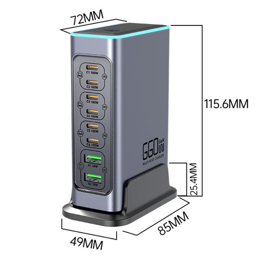 [660W GaN][RGB Light Effect] Universal Phone Tablet Laptop MacBook PD+QC 8 Port USB Type-C Wall Charger Desktop Home Office Charging Station Power Adapter (AU Plug) - Polar Tech Australia