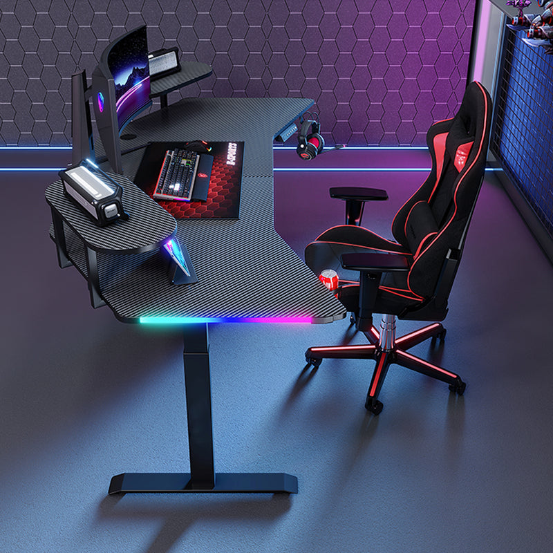 Chargez l&#39;image dans la visionneuse de la galerie, [Motorized Adjustable] Ultra Wide Large Gaming Desk with RBG LED Lights Carbon Fiber Surface with Cup Holder &amp; Headphone Hook
