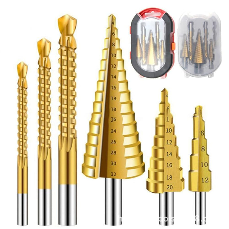 Chargez l&#39;image dans la visionneuse de la galerie, [6 in 1] HSS Steel Metal Titanium Coated Drill Bit Set Multipurposed Metalworking, Woodworking, Hole Drilling, Multiple Holes Raised Bit
