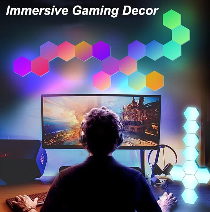 Chargez l&#39;image dans la visionneuse de la galerie, Hexagon RGB LED Smart Light Panels Punch-Free With App Control Gaming Lights Music Sync Hexagon Wall LED Lights DIY Geometry Ambience Lighting for Gaming Room Bedroom Streaming, 6 Panels
