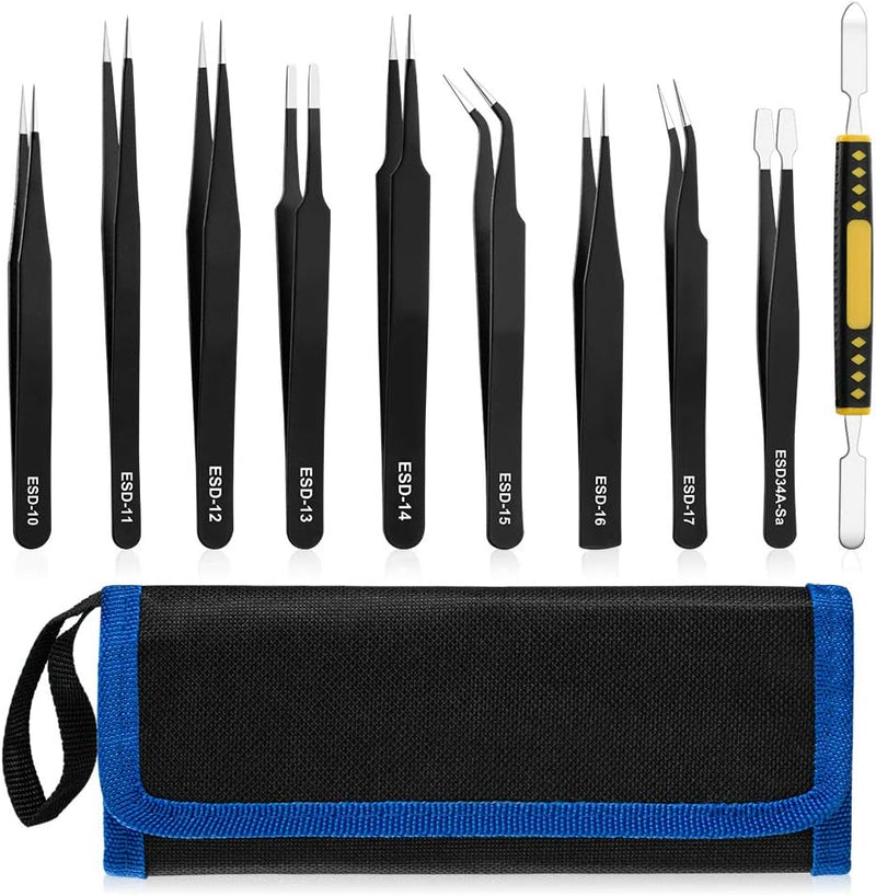 Load image into Gallery viewer, 10-Piece Precision Tweezers Set – ESD Anti-Static Stainless Steel Kit with Storage Pouch
