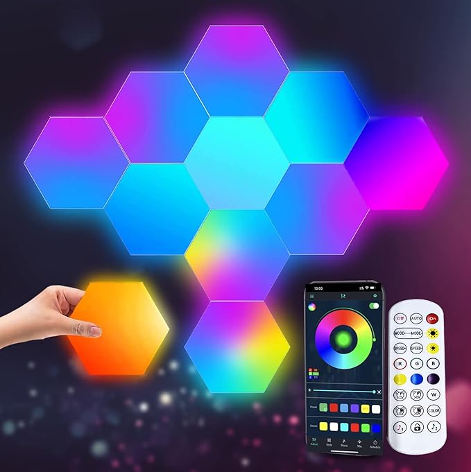 Chargez l&#39;image dans la visionneuse de la galerie, Hexagon RGB LED Smart Light Panels Punch-Free With App Control Gaming Lights Music Sync Hexagon Wall LED Lights DIY Geometry Ambience Lighting for Gaming Room Bedroom Streaming, 6 Panels
