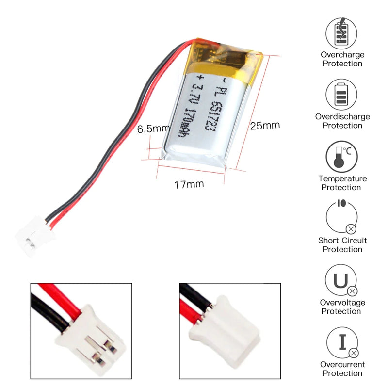 Cargue la imagen en el visor de la galería, [PH2.0-JST Connector][651723] Universal 170mAh 3.7V Rechargeable Li-Ion Lithium Polymer Battery - Polar Tech Australia
