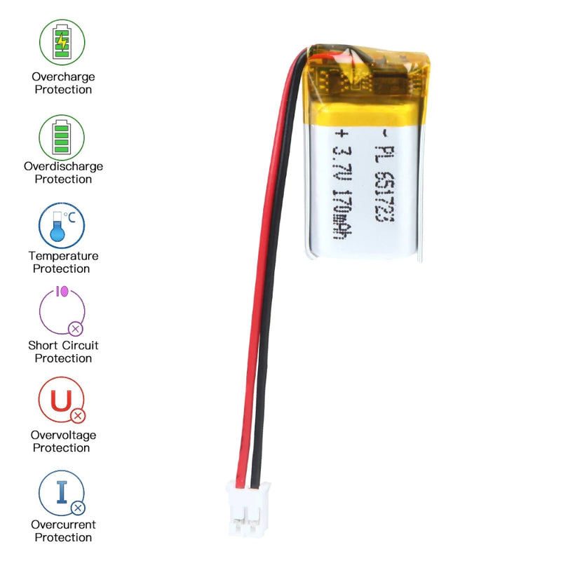 Cargue la imagen en el visor de la galería, [PH2.0-JST Connector][651723] Universal 170mAh 3.7V Rechargeable Li-Ion Lithium Polymer Battery - Polar Tech Australia

