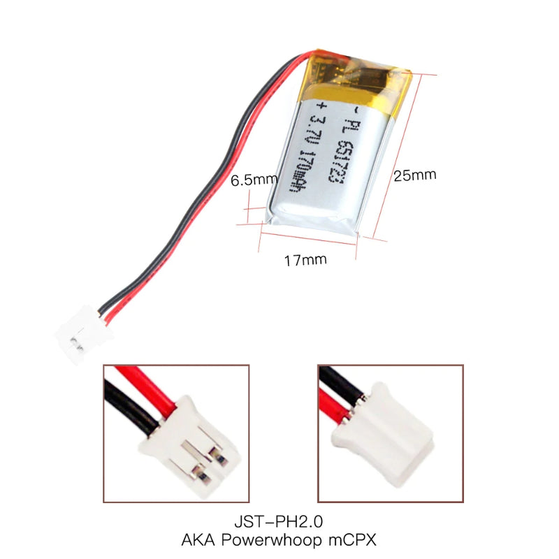 Cargue la imagen en el visor de la galería, [PH2.0-JST Connector][651723] Universal 170mAh 3.7V Rechargeable Li-Ion Lithium Polymer Battery - Polar Tech Australia
