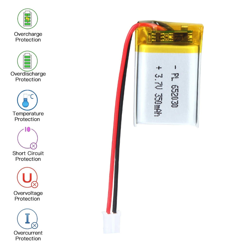 Cargue la imagen en el visor de la galería, [PH2.0-JST Connector][652030] Universal 350mAh 3.7V Rechargeable Li-Ion Lithium Polymer Battery - Polar Tech Australia

