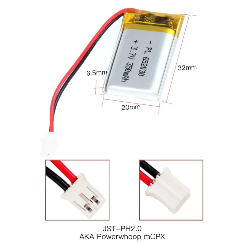Cargue la imagen en el visor de la galería, [PH2.0-JST Connector][652030] Universal 350mAh 3.7V Rechargeable Li-Ion Lithium Polymer Battery - Polar Tech Australia
