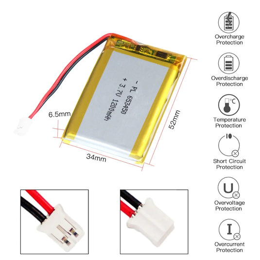 [PH2.0-JST Connector][653450] Universal 1200mAh 3.7V Rechargeable Li-Ion Lithium Polymer Battery - Polar Tech Australia