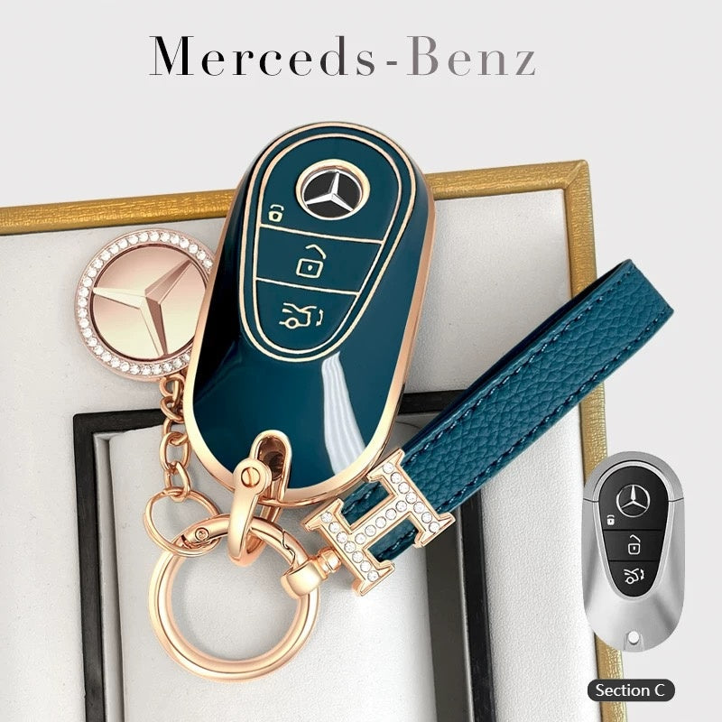 Cargue la imagen en el visor de la galería, Mercedes Benz Fashionable TPU + Aluminum alloy + Leather Car Key Fob Case Cover For Benz C, E, S, G-Class, GLE, GLC, CLA, CLS, EQC, ML, GL, EQS
