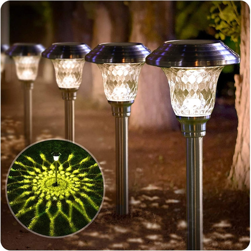Load image into Gallery viewer, 4 Pack Solar Pathway Lights Warm yellow + Bright White Outdoor Garden Stake Glass LED Stainless Steel Waterproof Landscape Path Lighting for Yard Walkway Driveway Outside Silver - Polar Tech Australia
