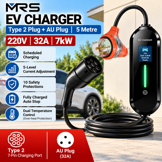 MRS Portable EV Charger Type 2 / 7kW 32A 5M Cable – Adjustable Current, Scheduled Charging, Australian Plug