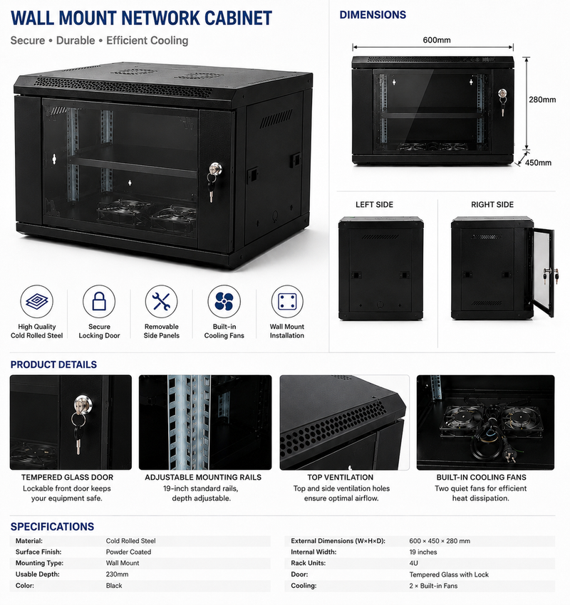 Cargue la imagen en el visor de la galería, [Assembled][Built-in Fan] 4U 6U 9U 12U 15U Heavy Duty Network Server CCTV PoE Switch Wall Mount Cabinet Rack Lockable Enclosure
