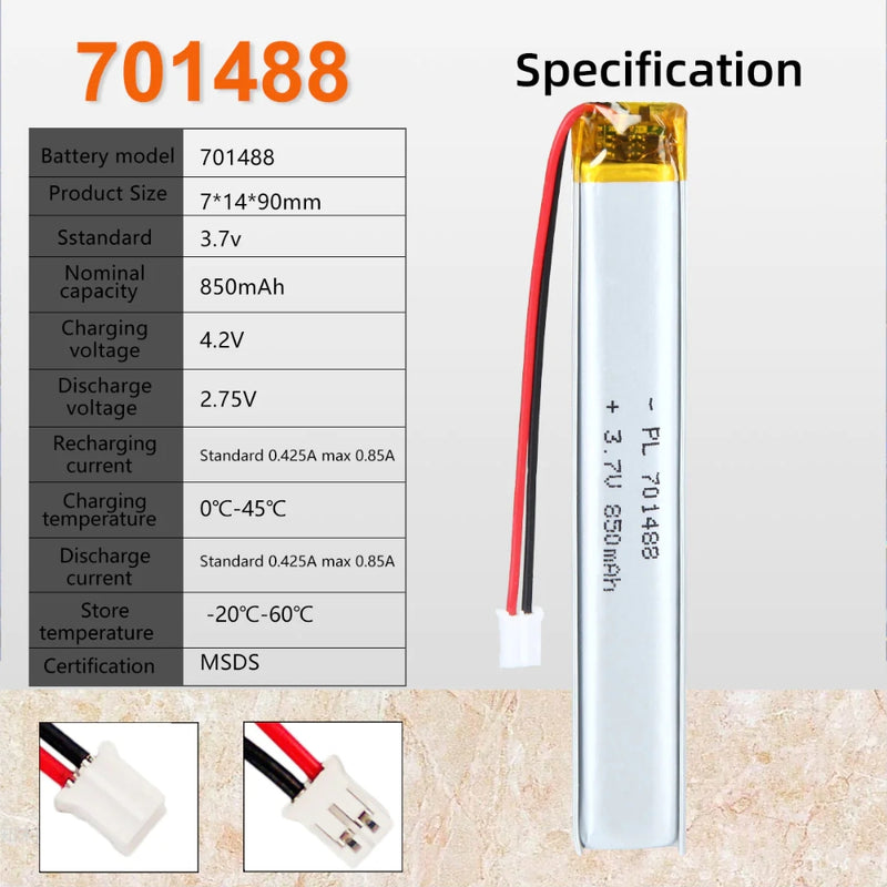 Cargue la imagen en el visor de la galería, [PH2.0-JST Connector][701488] Universal 850mAh 3.7V Rechargeable Li-Ion Lithium Polymer Battery - Polar Tech Australia
