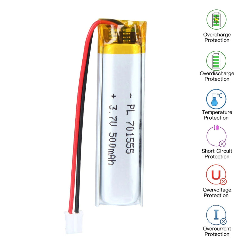 Cargue la imagen en el visor de la galería, [PH2.0-JST Connector][651555 &amp; 701555] Universal 500mAh 3.7V Rechargeable Li-Ion Lithium Polymer Battery - Polar Tech Australia
