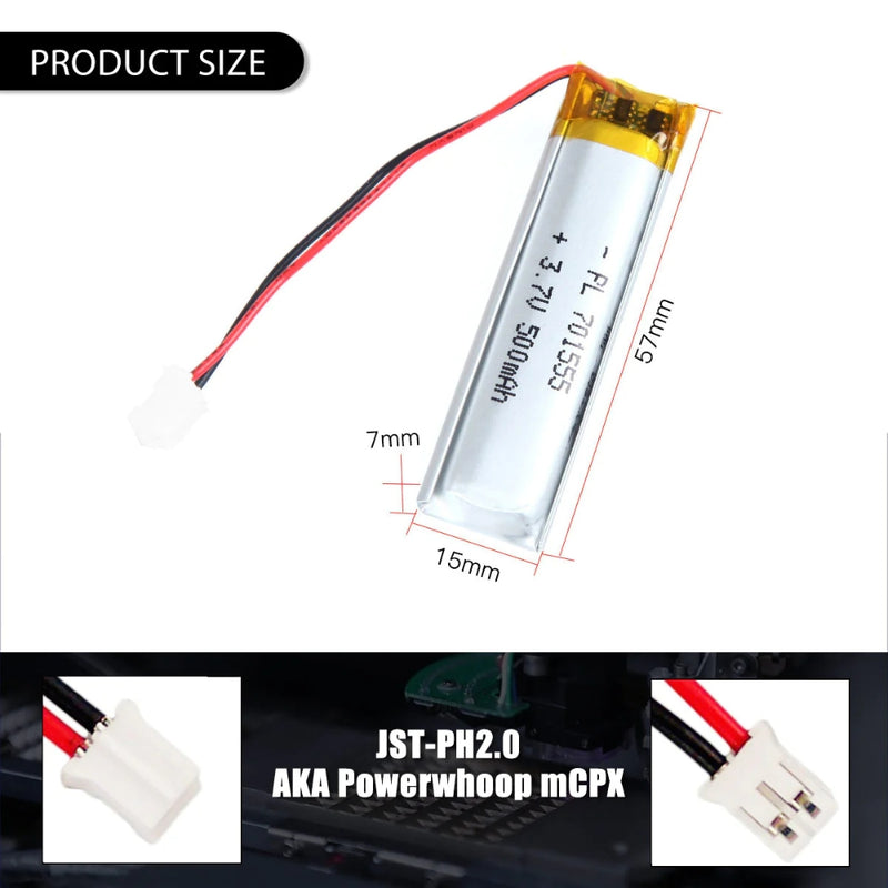 Cargue la imagen en el visor de la galería, [PH2.0-JST Connector][651555 &amp; 701555] Universal 500mAh 3.7V Rechargeable Li-Ion Lithium Polymer Battery - Polar Tech Australia
