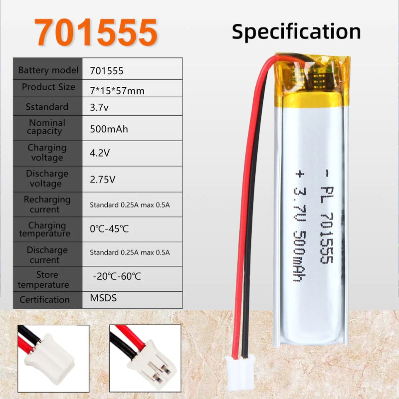 Cargue la imagen en el visor de la galería, [PH2.0-JST Connector][651555 &amp; 701555] Universal 500mAh 3.7V Rechargeable Li-Ion Lithium Polymer Battery - Polar Tech Australia
