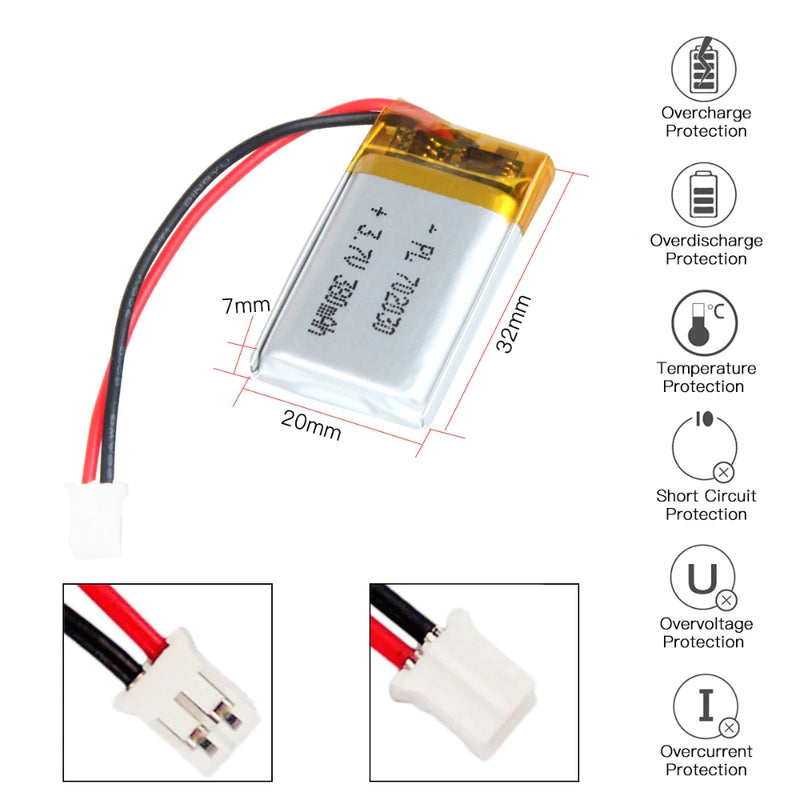 Cargue la imagen en el visor de la galería, [PH2.0-JST Connector][702030] Universal 380mAh 3.7V Rechargeable Li-Ion Lithium Polymer Battery - Polar Tech Australia
