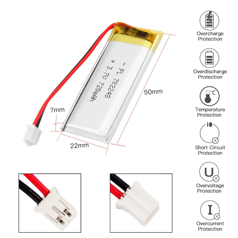 Chargez l&#39;image dans la visionneuse de la galerie, [PH2.0-JST Connector][702248] Universal 720mAh 3.7V Rechargeable Li-Ion Lithium Polymer Battery - Polar Tech Australia
