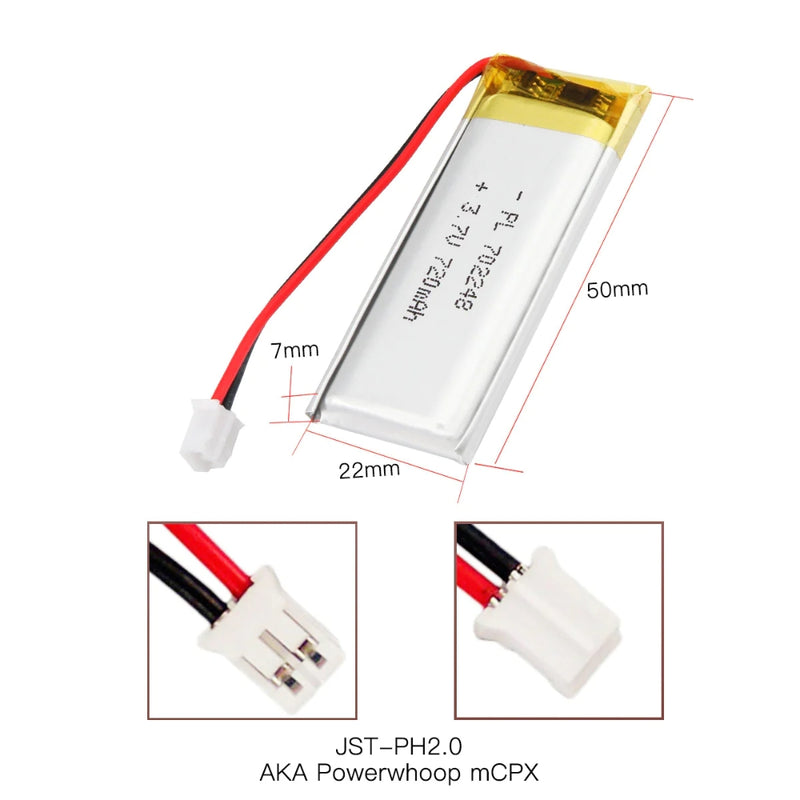 Chargez l&#39;image dans la visionneuse de la galerie, [PH2.0-JST Connector][702248] Universal 720mAh 3.7V Rechargeable Li-Ion Lithium Polymer Battery - Polar Tech Australia
