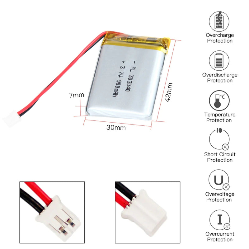 Cargue la imagen en el visor de la galería, [PH2.0-JST Connector][703040] Universal 900mAh 3.7V Rechargeable Li-Ion Lithium Polymer Battery - Polar Tech Australia
