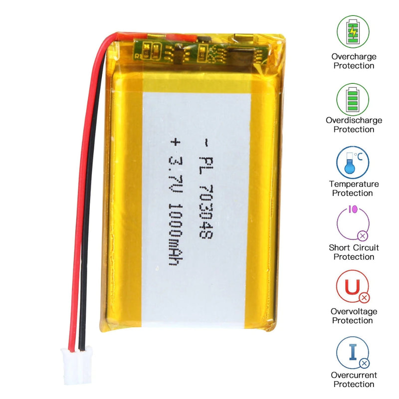 Cargue la imagen en el visor de la galería, [PH2.0-JST Connector][703048] Universal 1000mAh 3.7V Rechargeable Li-Ion Lithium Polymer Battery - Polar Tech Australia
