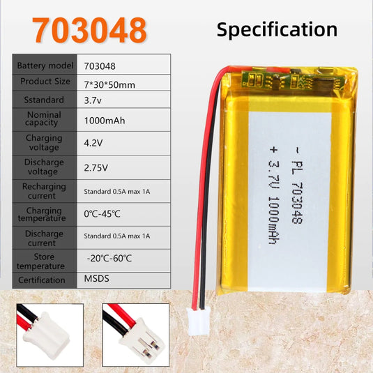 [PH2.0-JST Connector][703048] Universal 1000mAh 3.7V Rechargeable Li-Ion Lithium Polymer Battery - Polar Tech Australia