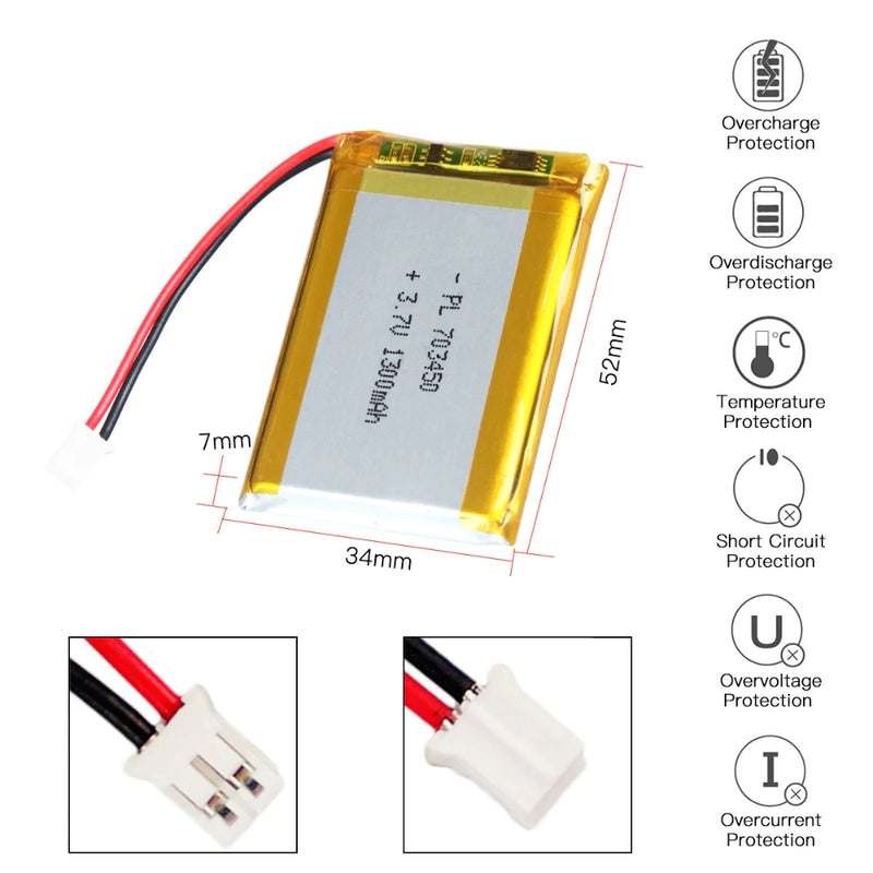 Cargue la imagen en el visor de la galería, [PH2.0-JST Connector][703450] Universal 1300mAh 3.7V Rechargeable Li-Ion Lithium Polymer Battery - Polar Tech Australia
