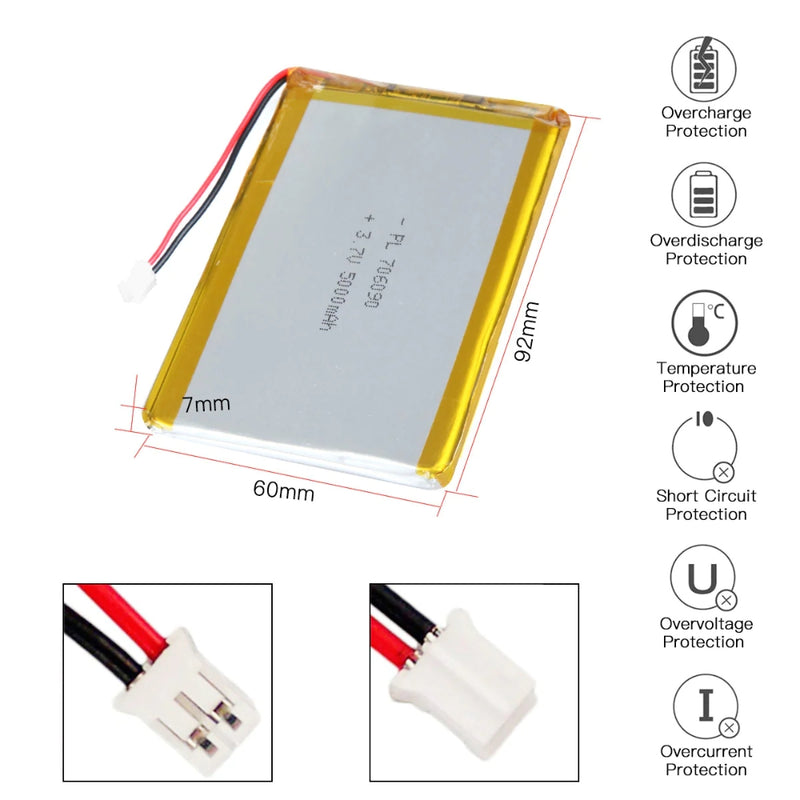 Cargue la imagen en el visor de la galería, [PH2.0-JST Connector][706090] Universal 5000mAh 3.7V Rechargeable Li-Ion Lithium Polymer Battery - Polar Tech Australia
