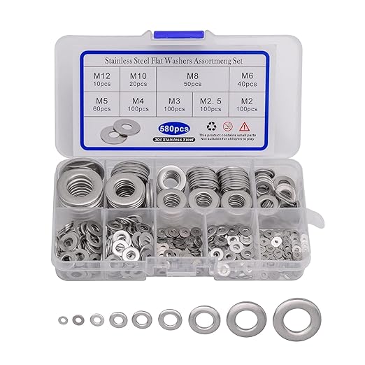 Cargue la imagen en el visor de la galería, [580 Pieces] Stainless Steel Flat Washers Assortment Kit (M2 M2.5 M3 M4 M5 M6 M8 M10 M12), Lock Washers, Sealing Rings
