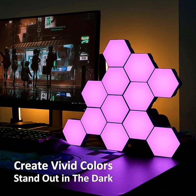 Chargez l&#39;image dans la visionneuse de la galerie, Hexagon RGB LED Smart Light Panels Punch-Free With App Control Gaming Lights Music Sync Hexagon Wall LED Lights DIY Geometry Ambience Lighting for Gaming Room Bedroom Streaming, 6 Panels
