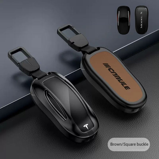 Tesla Full Aluminum Alloy + PU Leather Cover Car Key Fob Case for Model X