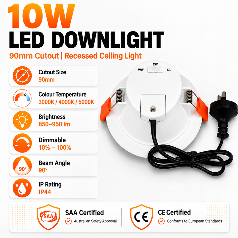 Load image into Gallery viewer, 10W LED Dimmable Downlight 90mm Cutout – 3 Colour CCT 3000K/4000K/5000K, IP44, 850–950LM, SAA Approved Recessed Ceiling Light
