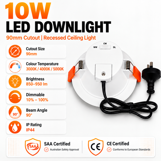 10W LED Dimmable Downlight 90mm Cutout – 3 Colour CCT 3000K/4000K/5000K, IP44, 850–950LM, SAA Approved Recessed Ceiling Light