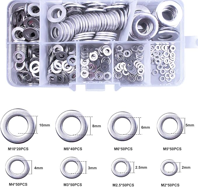Cargue la imagen en el visor de la galería, [360 Pieces] Stainless Steel Flat Washers Assortment Kit (M2 M2.5 M3 M4 M5 M6 M8 M10), Lock Washers, Sealing Rings
