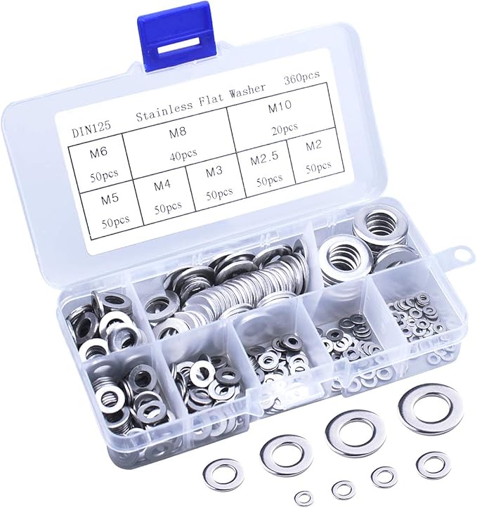 Cargue la imagen en el visor de la galería, [360 Pieces] Stainless Steel Flat Washers Assortment Kit (M2 M2.5 M3 M4 M5 M6 M8 M10), Lock Washers, Sealing Rings
