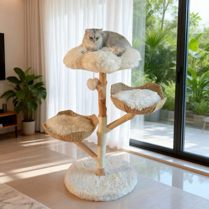 Cargue la imagen en el visor de la galería, Luxury Multi-Level Cloud Cat Tree – Natural Fruitwood Rattan All-in-One Cat Bed &amp; Climbing Frame

