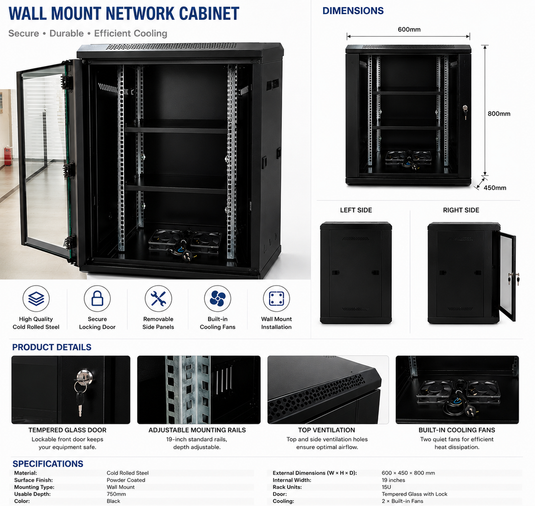 [Assembled][Built-in Fan] 4U 6U 9U 12U 15U Heavy Duty Network Server CCTV PoE Switch Wall Mount Cabinet Rack Lockable Enclosure